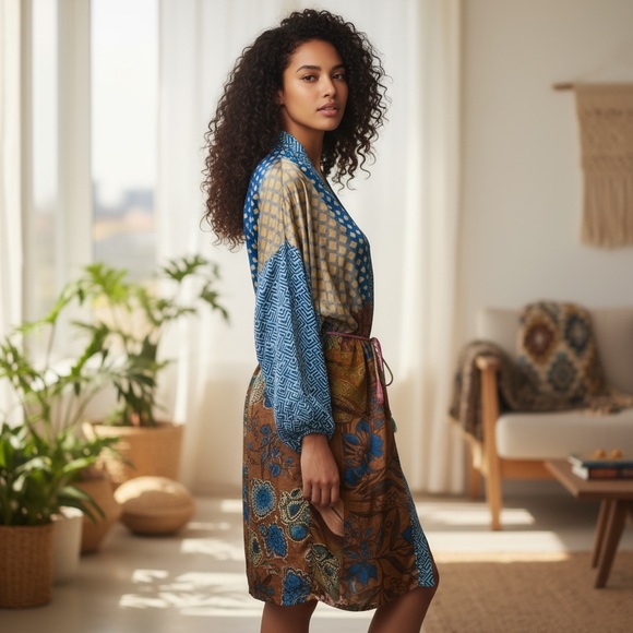 NEW Guru 100% Silk Upcycled Made in India from Vintage Saris One Size Fit M/L - Picture 3 of 16